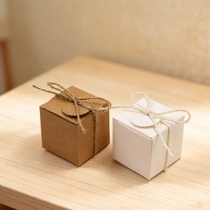 Brown and white square kraft paper gift boxes with rustic jute twine and round labels