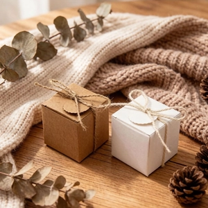 Detail of square kraft and white gift boxes with rustic twine bows and scallop edge lids