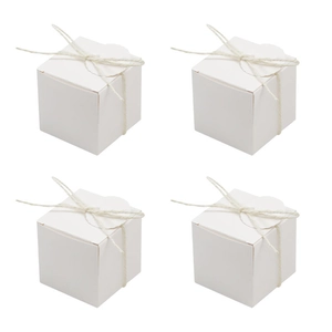 Set of four white square favor boxes with hemp rope and scalloped tags for parties