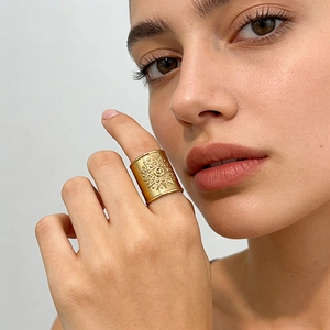 Vintage 18K gold plated wide band ring featuring sunburst motif and matte finish