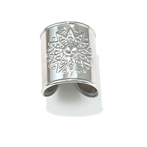 Vintage silver stainless steel wide open ring with engraved eight-pointed star design