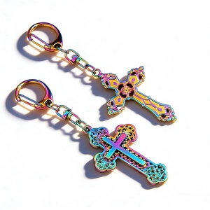 Vintage Rainbow Plated Alloy Cross Keychain Religious Crucifix Pendant Bag Charm For Women Men Fashion Jewelry Gift Keyring