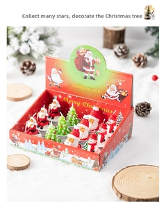 Detailed view of Santa, snowman, and tree candle set in a decorative Christmas gift box
