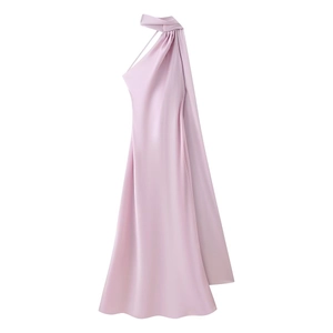 Detail of light purple satin dress showing elegant halter neck tie and silky texture