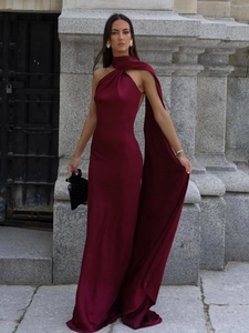 Elegant burgundy satin halter maxi dress with long flowing cape for summer evening parties