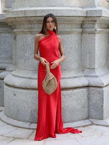Elegant red satin halter maxi dress with thigh-high slit and one-shoulder draping