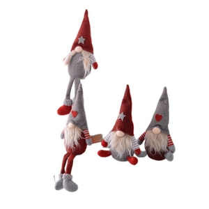 Set of four red and grey Christmas gnome plush dolls with knit hats and long white beards