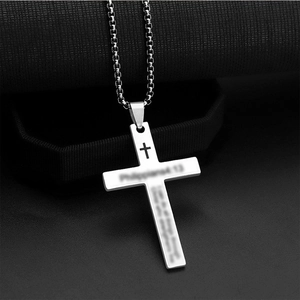 Engraved stainless steel cross necklace with Philippians 4:13 verse on bead chain