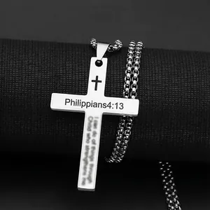 Cross Pendant Necklace Stainless Steel Bible Verse Engraved Philippians 4-13 Hip Hop Religious Jewelry For Men Women