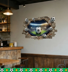 3D football breaking through a brick wall sticker with a stadium background view