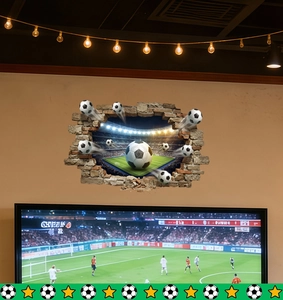 3D football wall decal showing dynamic soccer balls breaking through a stone wall texture