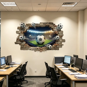 Detailed 3D soccer stadium wall sticker with flying balls and broken brick effect