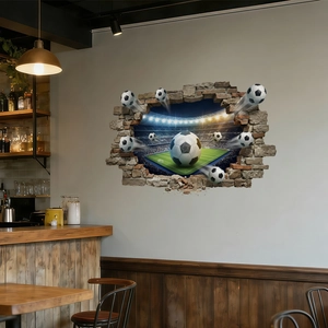 3D Soccer Wall Sticker PVC Broken Wall Effect Football Stadium Decal For Sport Fan Home Decor Removable Sporty