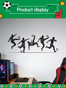 Detail of soccer player silhouettes and ball wall stickers in a modern gaming room setting