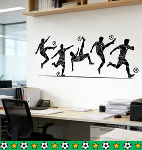 Black soccer player silhouette wall decals with dynamic football action poses for room decor