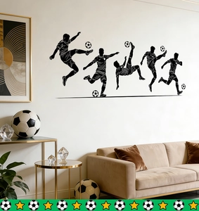 Soccer players silhouettes wall decals in a modern living room setting for sports decor