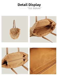Detail view of woven straw bag with fringe accents and a secure zippered canvas interior