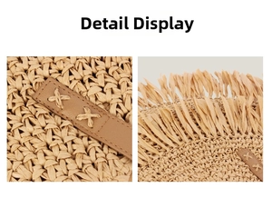 Detailed view of woven straw texture featuring leather accents and fringe edges
