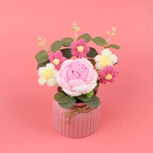 Handmade crochet pink rose in ceramic pot for Valentine gift home decoration