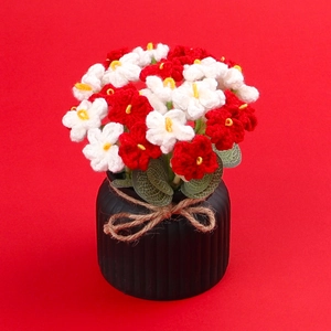 Handmade crochet forget-me-not potted plant in black vase for gift decoration