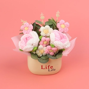 Detailed view of handmade crochet rose and daisy flowers in a Life Life pot