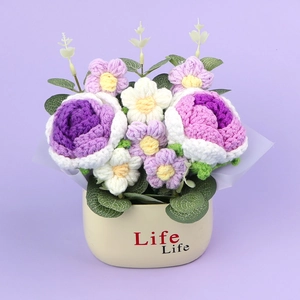 Detailed texture of handmade crochet flower potted plant with Life Life printed base