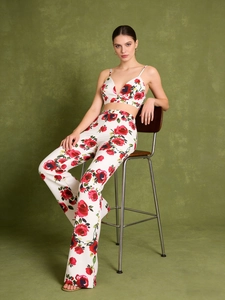 Ensemble chic 3 pièces imprimé roses avec haut court col en V et pantalon taille haute