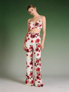 Ensemble 3 pièces pour femme avec imprimé roses rouges, haut et pantalon large
