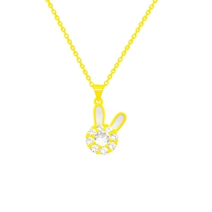 Golden rabbit pendant necklace with white enamel ears and sparkling zircon flower center