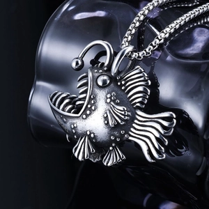 Retro stainless steel anglerfish pendant necklace with antique finish and sharp detail