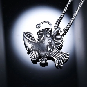 Gothic stainless steel anglerfish pendant with square box chain in silver finish