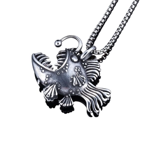 Vintage anglerfish pendant in 316L stainless steel with box chain for men