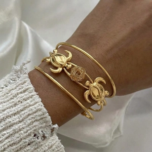 Sea Turtle Open Cuff Bangle 18K Gold Plated Stainless Steel Hollow Mesh Ball Cutout Wide Bracelet For Women