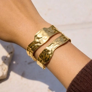 Irregular Water Wave Stainless Steel Cuff Bracelet For Women Gold Plated Wide Open Bangle Waterproof Jewelry Hammered Texture