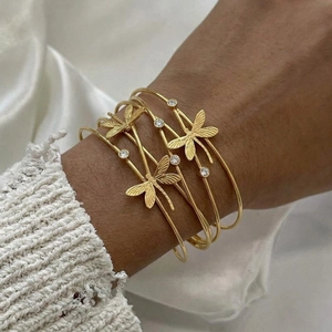 Dragonfly Open Cuff Bangle Bracelet 18K Gold Plated Stainless Steel Zircon Multi Layer Design Elegant Jewelry Women