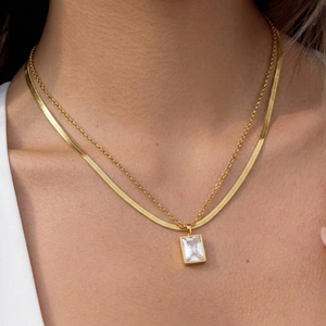 Double Layer Necklace 18K Gold Plated Stainless Steel Square Zircon Pendant Elegant Snake Chain Geometric Jewelry For Women