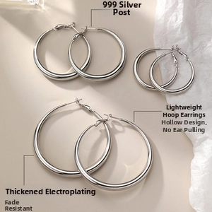 Three-size hollow silver hoop earring set featuring 999 silver pins and thick plating