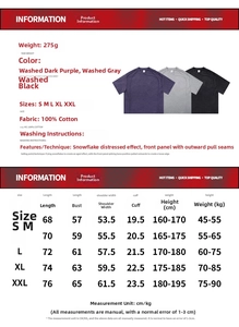 Size chart for heavy 100% cotton washed t-shirt with detailed measurements in S to XXL
