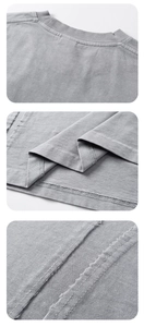 Close-up of heavy cotton fabric, crew neck stitching, and distressed seams on gray T-shirt