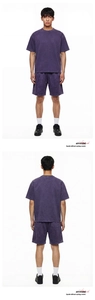 Detail view of purple washed cotton t-shirt and shorts set with street retro style