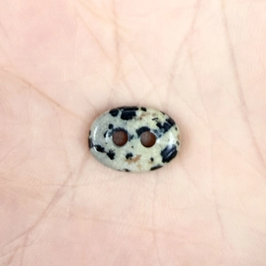 Close-up of a natural Dalmatian Jasper stone bead with dual holes for DIY necklaces