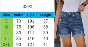Size chart for women's distressed denim shorts with waist and hip measurements
