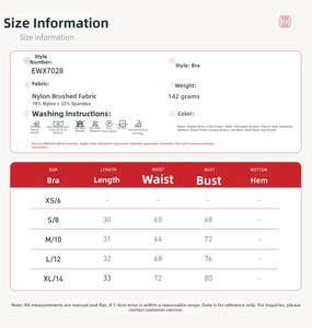 Size chart for brushed yoga sports bra with measurements in centimeters for sizes S to XL