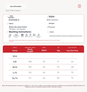 Size chart for high-waisted brushed wide-leg yoga pants with fabric specs and measurements