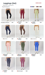 Détail d'ensemble de yoga taille haute montrant onze couleurs et finitions à rayures