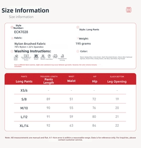 Detailed size chart for brushed yoga pants showing fabric composition and dimensions