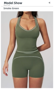 Détail d'un ensemble de yoga bicolore avec doubles bretelles et surpiqûres en vert sauge
