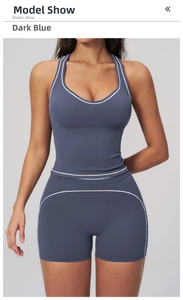 Détail de l'ensemble de yoga bleu marine avec liserés blancs et doubles bretelles