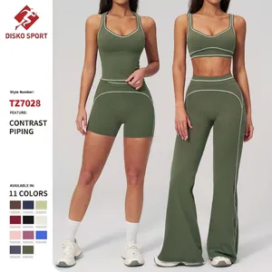Ensemble de Yoga Brossé Couleur Contrastée pour Femmes Costume de Sport Nylon Élasthanne Top And Bottom Gym Fitness