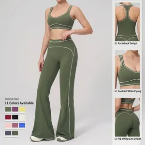 Ensemble de yoga deux pièces vert olive avec liseré blanc et legging évasé de fitness